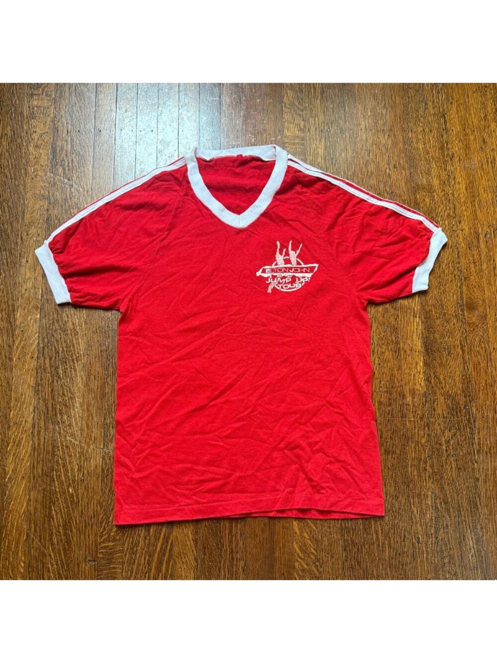 Vintage 1980s Elton John Jump Up! Tour! T-Shirt Small Red V Neck Ringer Tee 1982